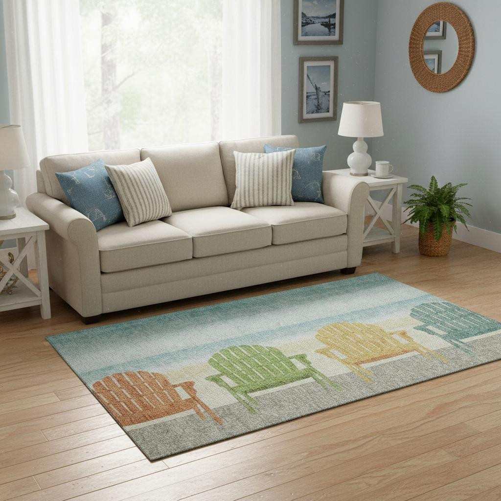 645357 5 x 8 ft. Aqua, Green & Orange Nautical Washable Machine Made Rectangle Area Rug with UV Protection