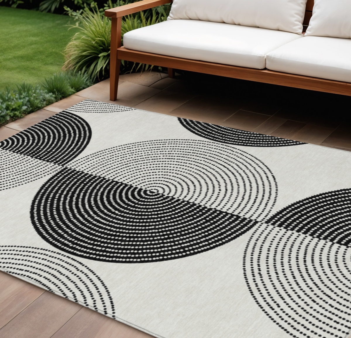 641625 10 x 14 ft. Ivory & Black Geometric Washable Transitional Indoor & Outdoor Rectangle Area Rug