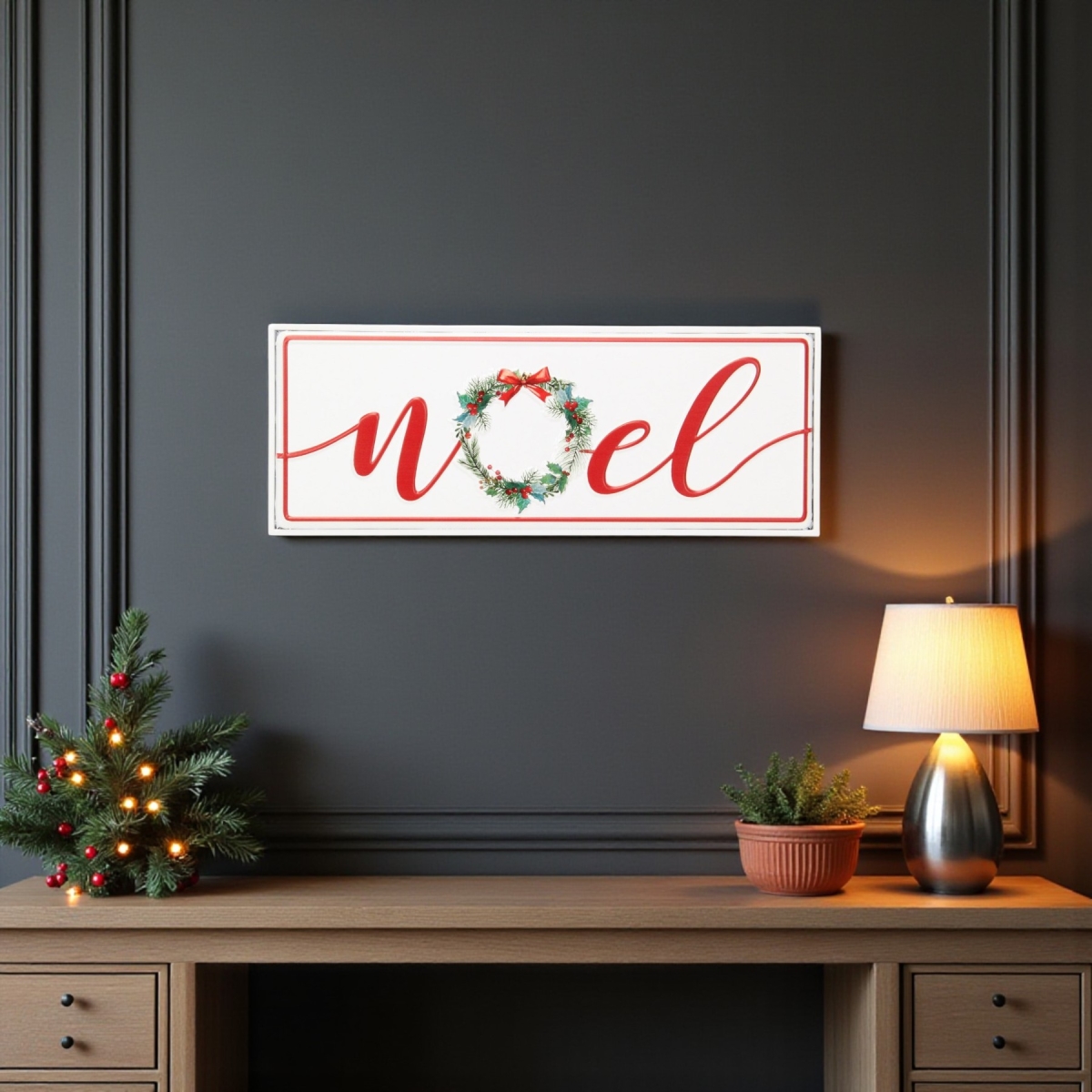 634366 7 x 19 in. White & Red Christmas Noel Metal Wall Decor