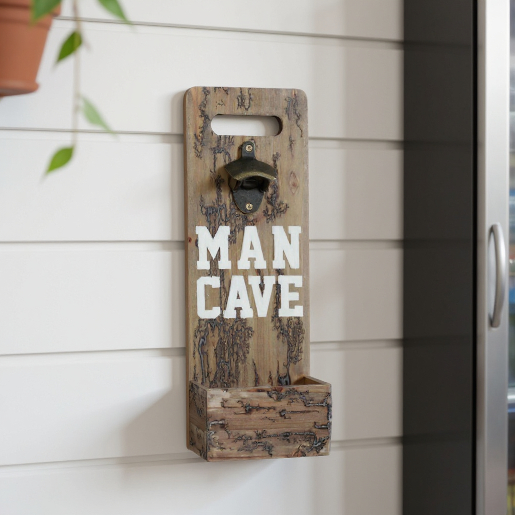 636200 18 in. Brown Rustic Solid Wood Man Cave Bottle Cap Catcher Wall Decor