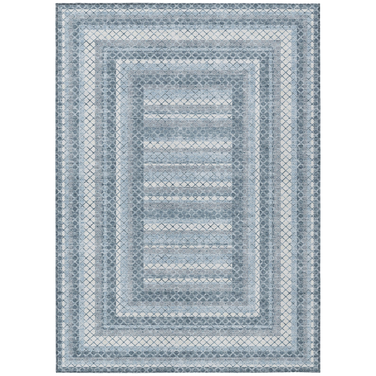 628973 10 x 14 ft. Denim Blue & Ivory Geometric Washable Transitional Indoor & Outdoor Rectangle Area Rug