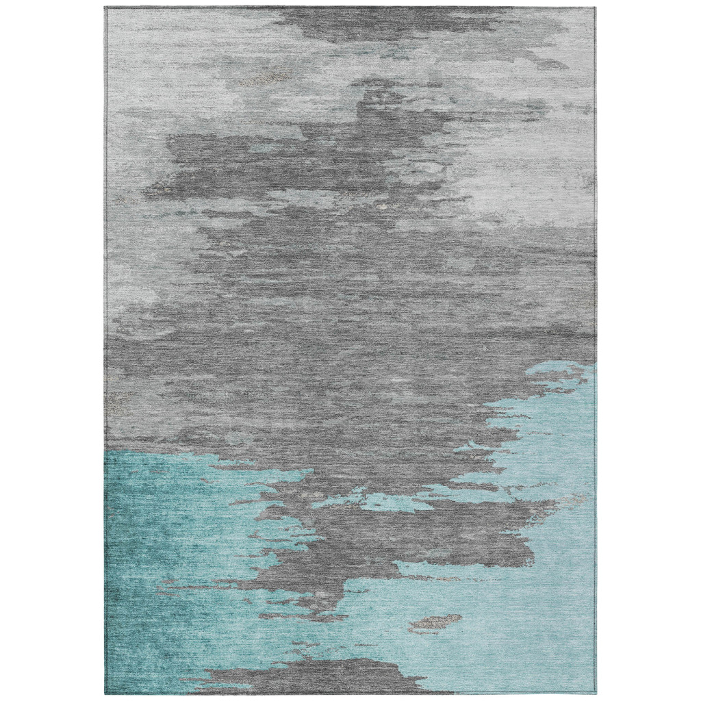 628954 9 x 12 ft. Teal, Blue & Gray Abstract Washable Transitional Indoor & Outdoor Rectangle Area Rug