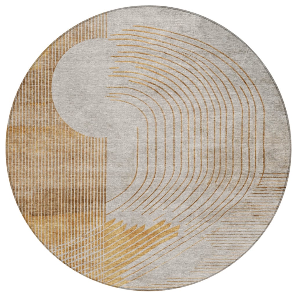 628748 8 ft. Gold & Ivory Geometric Washable Transitional Indoor & Outdoor Round Area Rug