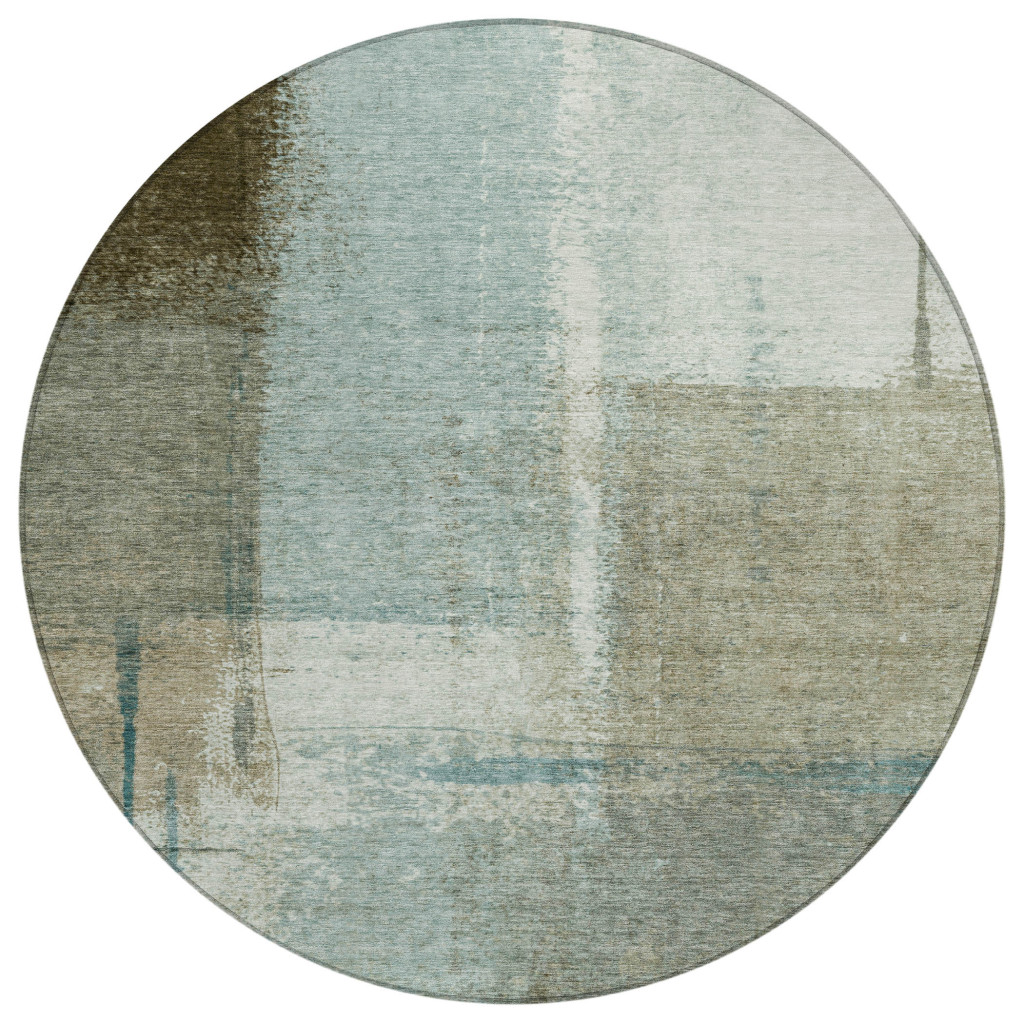 628676 8 ft. Pale Aqua & Beige Abstract Washable Transitional Indoor & Outdoor Round Area Rug