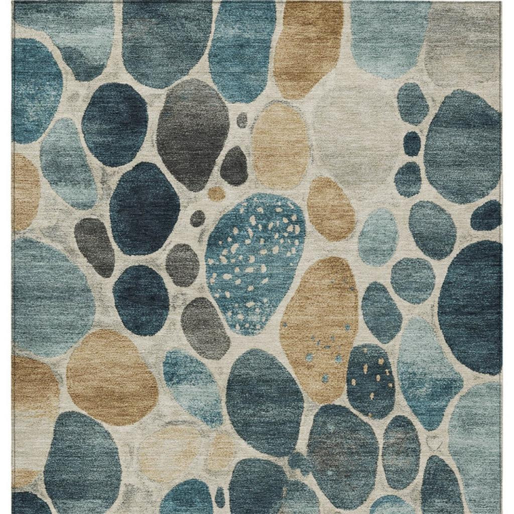 628445 10 x 14 ft. Teal, Blue & Beige - Ivory Geometric Washable Transitional Indoor & Outdoor Rectangle Area Rug