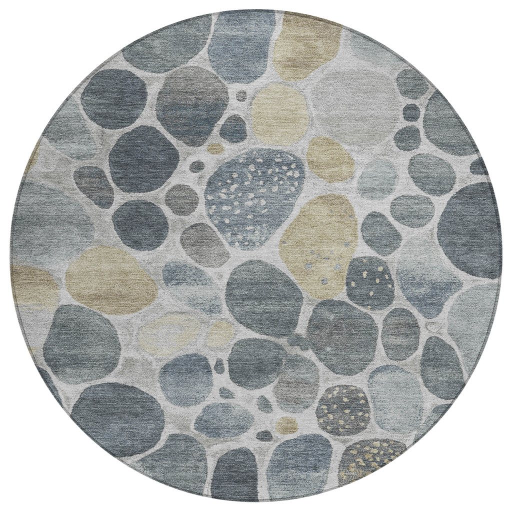 628436 8 ft. Pewter Beige & Ivory Geometric Washable Transitional Indoor & Outdoor Round Area Rug