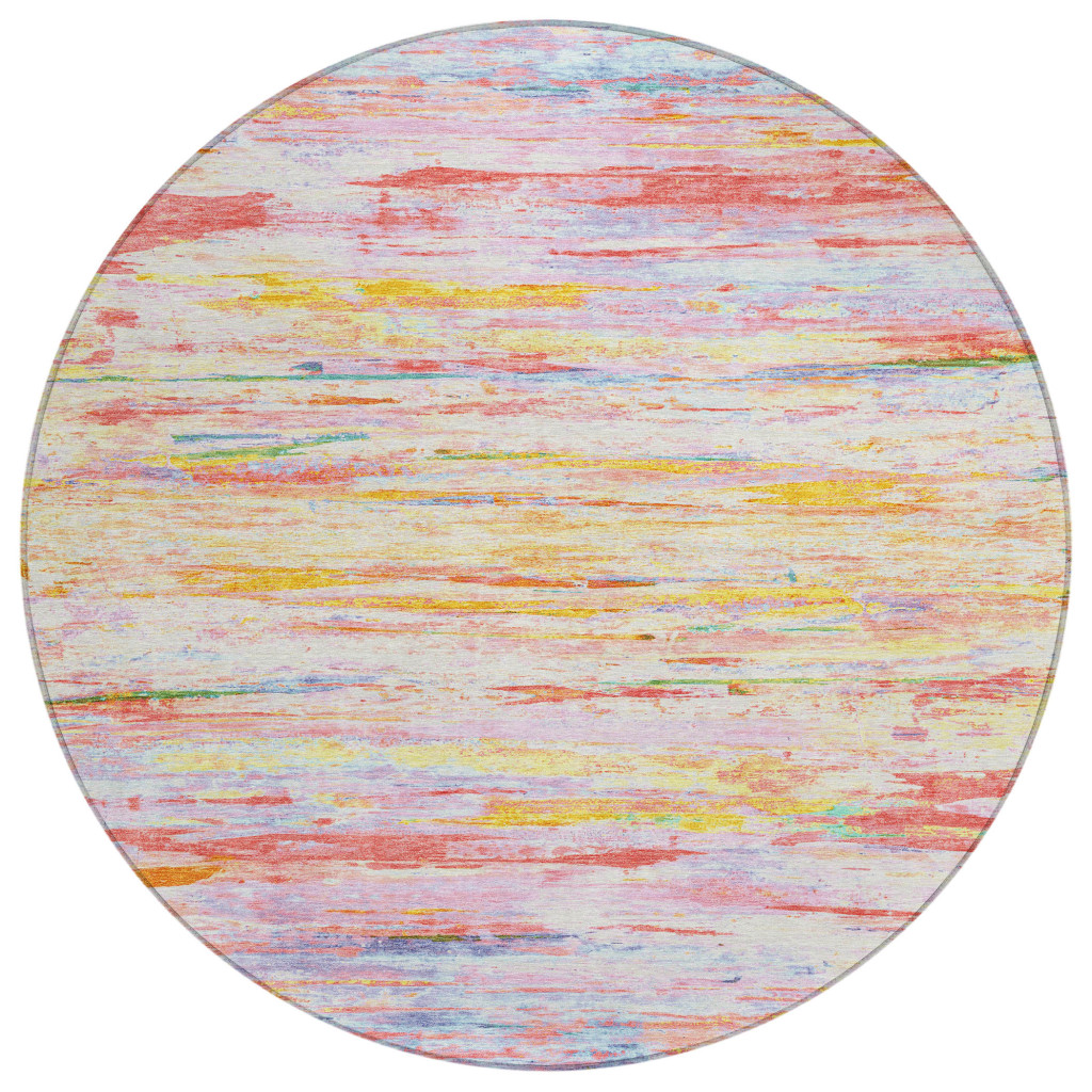 628202 8 ft. Coral & Yellow Abstract Washable Transitional Indoor & Outdoor Round Area Rug