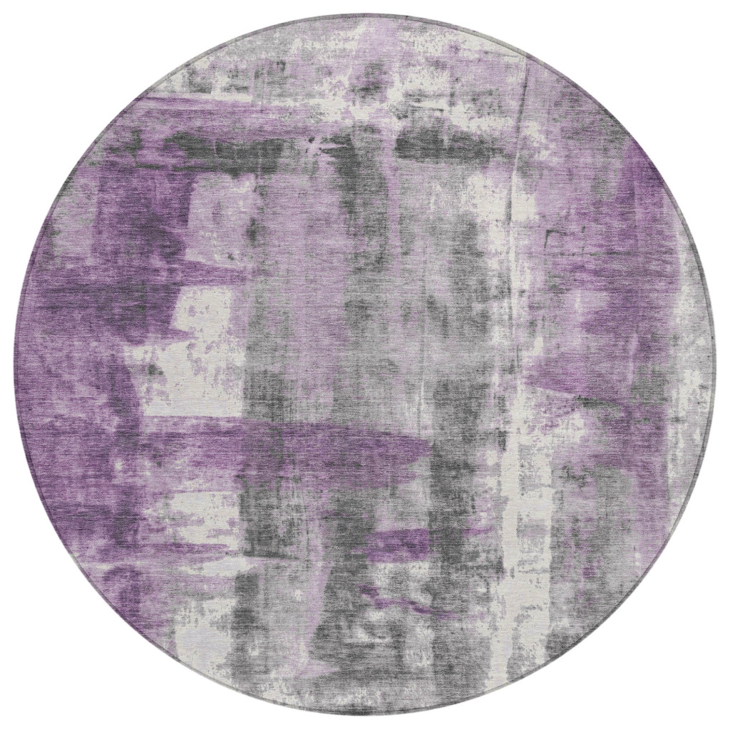 628057 8 ft. Purple & Ivory Abstract Washable Transitional Indoor & Outdoor Round Area Rug