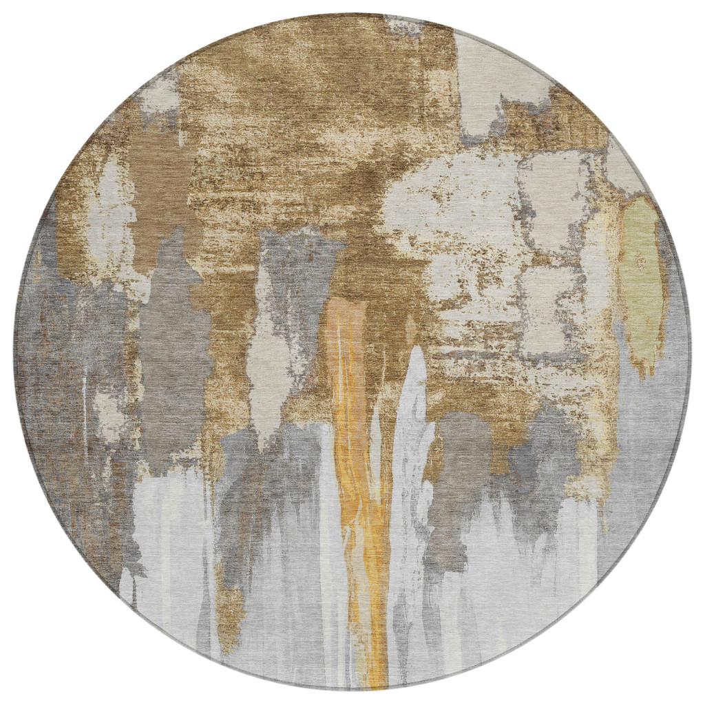 627949 8 ft. Ivory & Gold Abstract Washable Transitional Indoor & Outdoor Round Area Rug