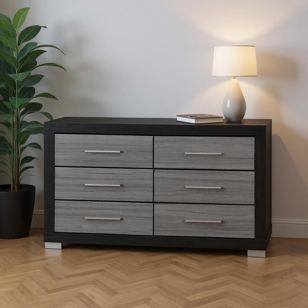 643688 38.62 x 62.83 x 19.21 in. Black & Gray Wood 6 Drawers Double Dresser