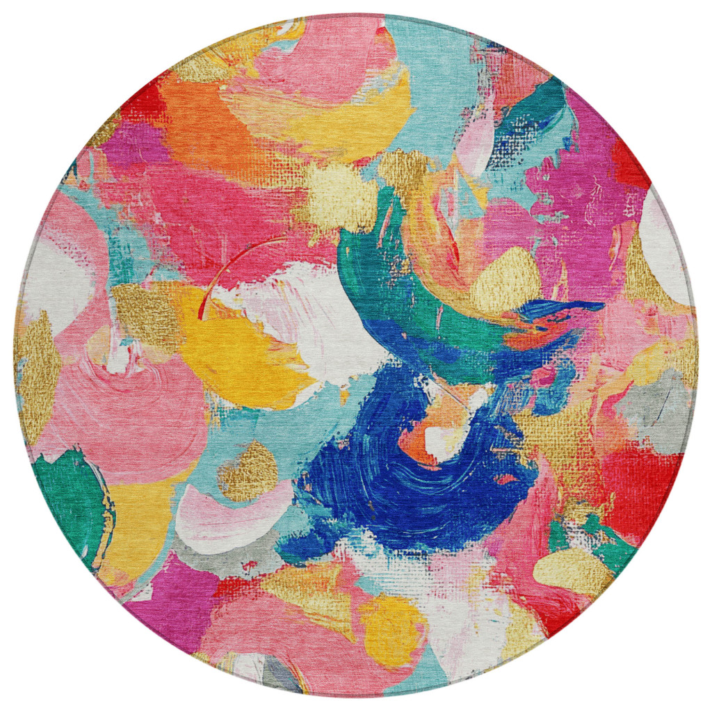 627565 8 ft. Blush Gold & Teal Blue Abstract Washable Transitional Indoor & Outdoor Round Area Rug