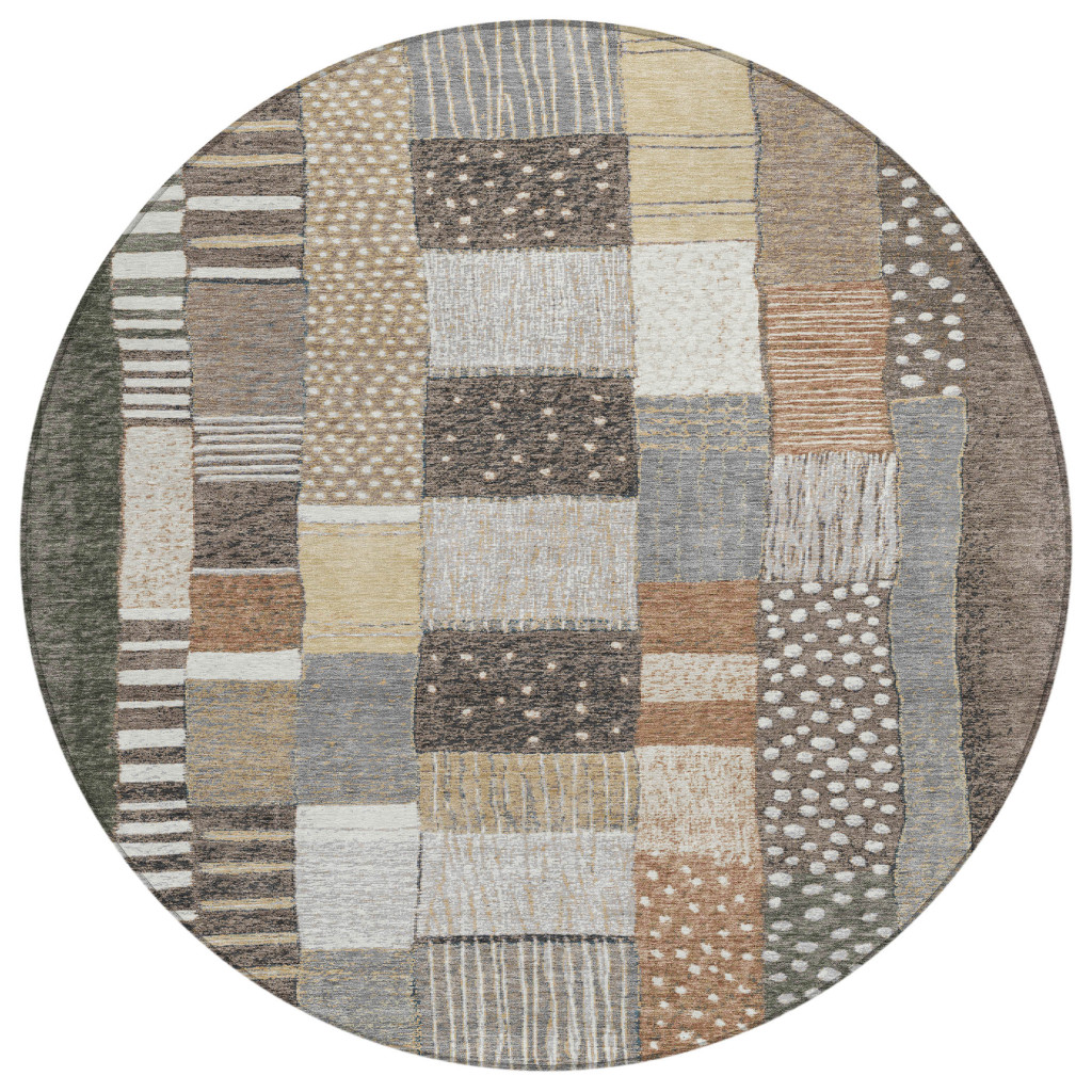 627280 8 ft. Brown Ivory & Gray Geometric Washable Transitional Indoor & Outdoor Round Area Rug