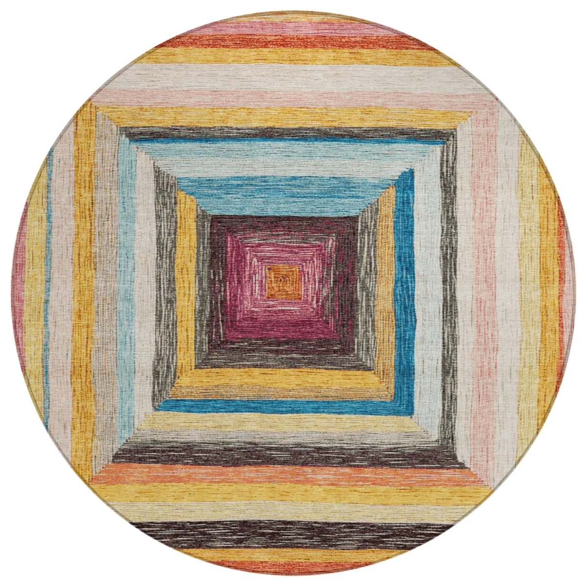 627154 8 ft. Amber Pink & Teal Blue Geometric Washable Transitional Indoor & Outdoor Round Area Rug