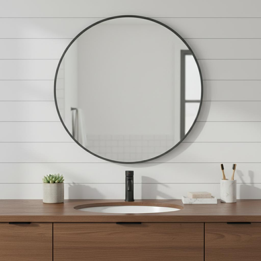 636257 24 in. Black Metal Round Framed Bathroom Vanity Mirror