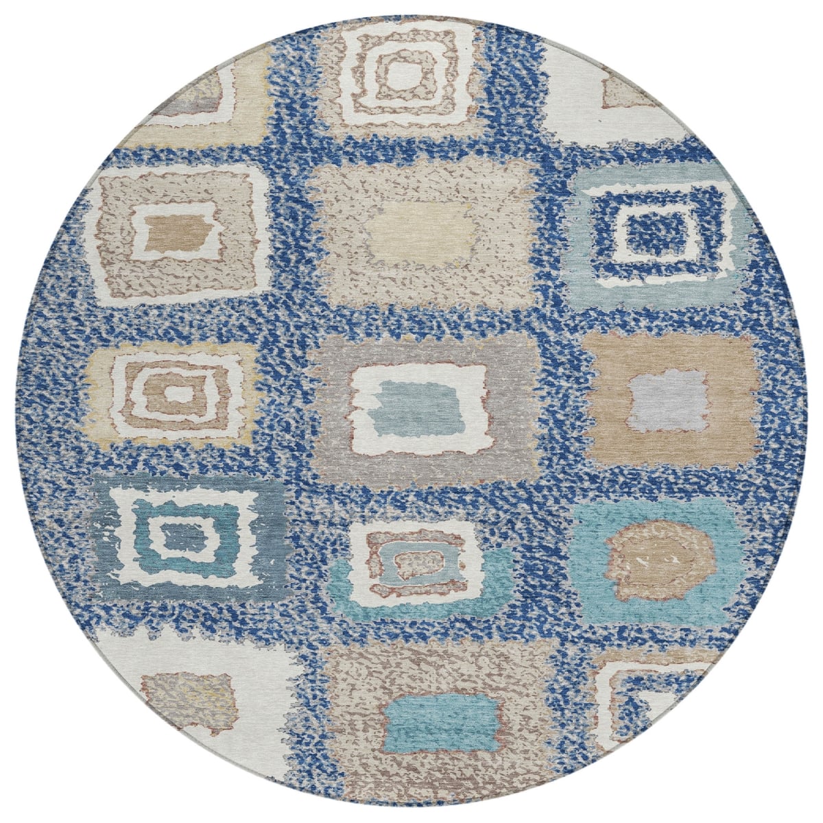 629102 8 ft. Navy Blue Beige & Ivory Geometric Washable Transitional Indoor & Outdoor Round Area Rug