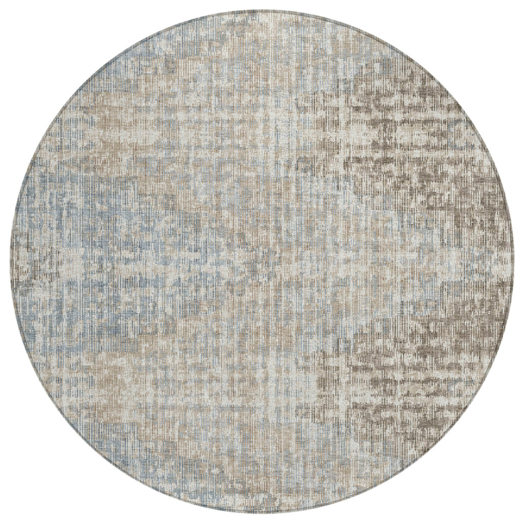 628520 8 ft. Beige & Gray Geometric Washable Transitional Indoor & Outdoor Round Area Rug