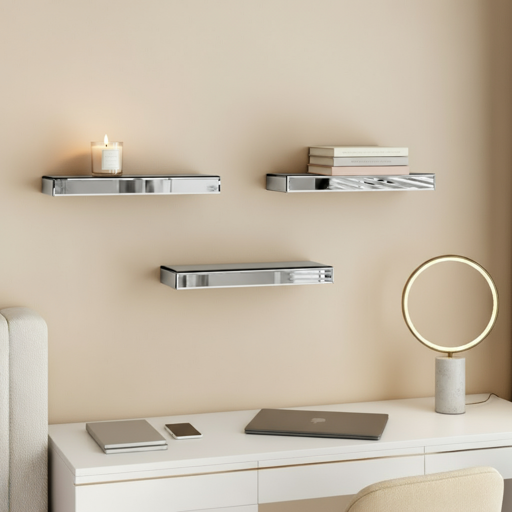 643669 Silver Glass Wall Mounted Floating Shelf, Set of 3