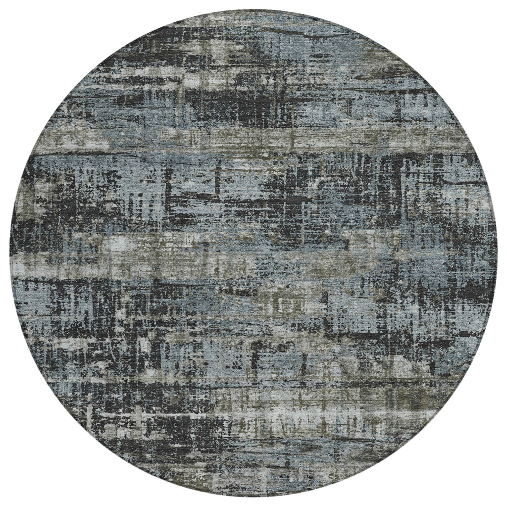 627691 8 ft. Charcoal & Gray Geometric Washable Transitional Indoor & Outdoor Round Area Rug