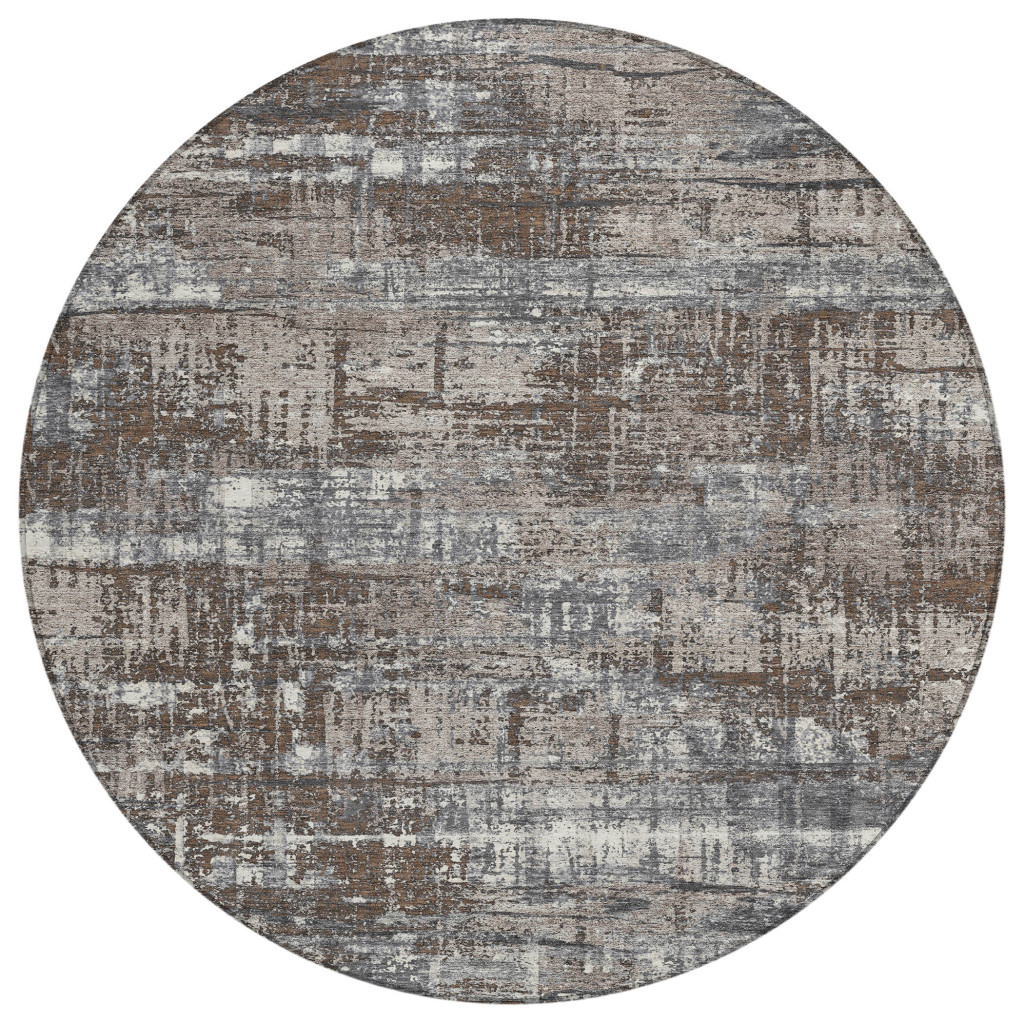 627685 8 ft. Brown & Charcoal Geometric Washable Transitional Indoor & Outdoor Round Area Rug