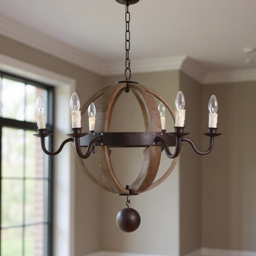 635746 Brown & Black Wood & Metal Sphere 6 Light Dimmable Chandelier