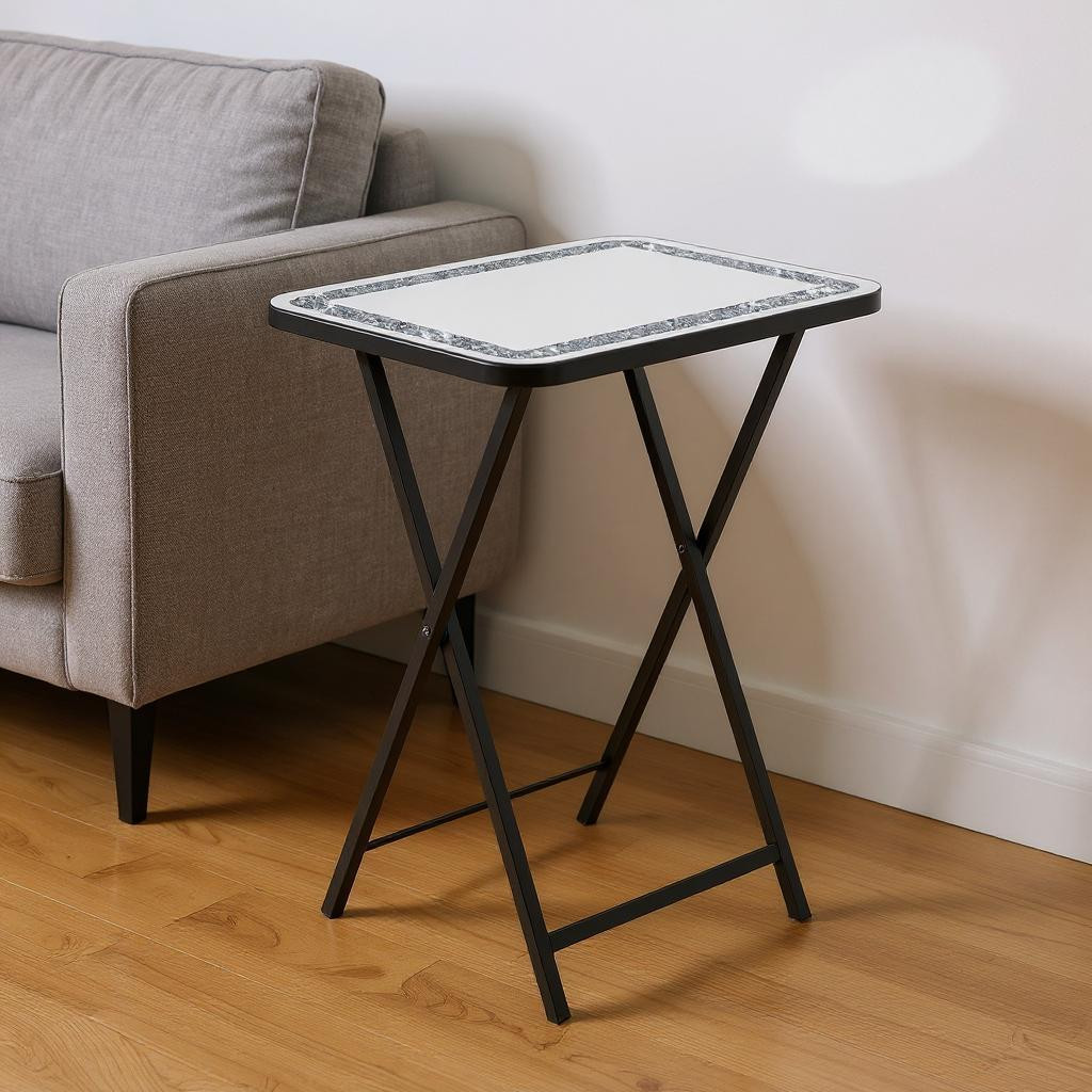 Picture of HomeRoots 641951 20 in. Silver & Black Mirrored Glass Faux Crystal & Metal Folding Tray Table