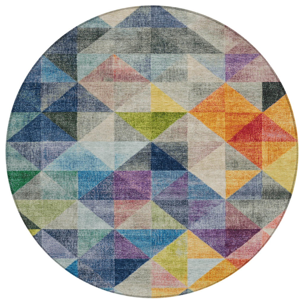628826 8 ft. Beige Navy Blue & Orange Geometric Washable Transitional Indoor & Outdoor Round Area Rug