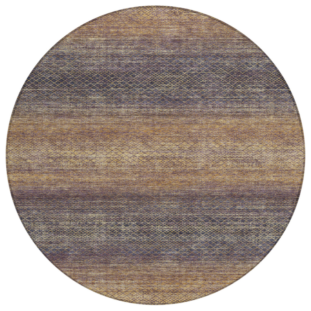 628802 8 ft. Eggplant & Brown Geometric Washable Transitional Indoor & Outdoor Round Area Rug