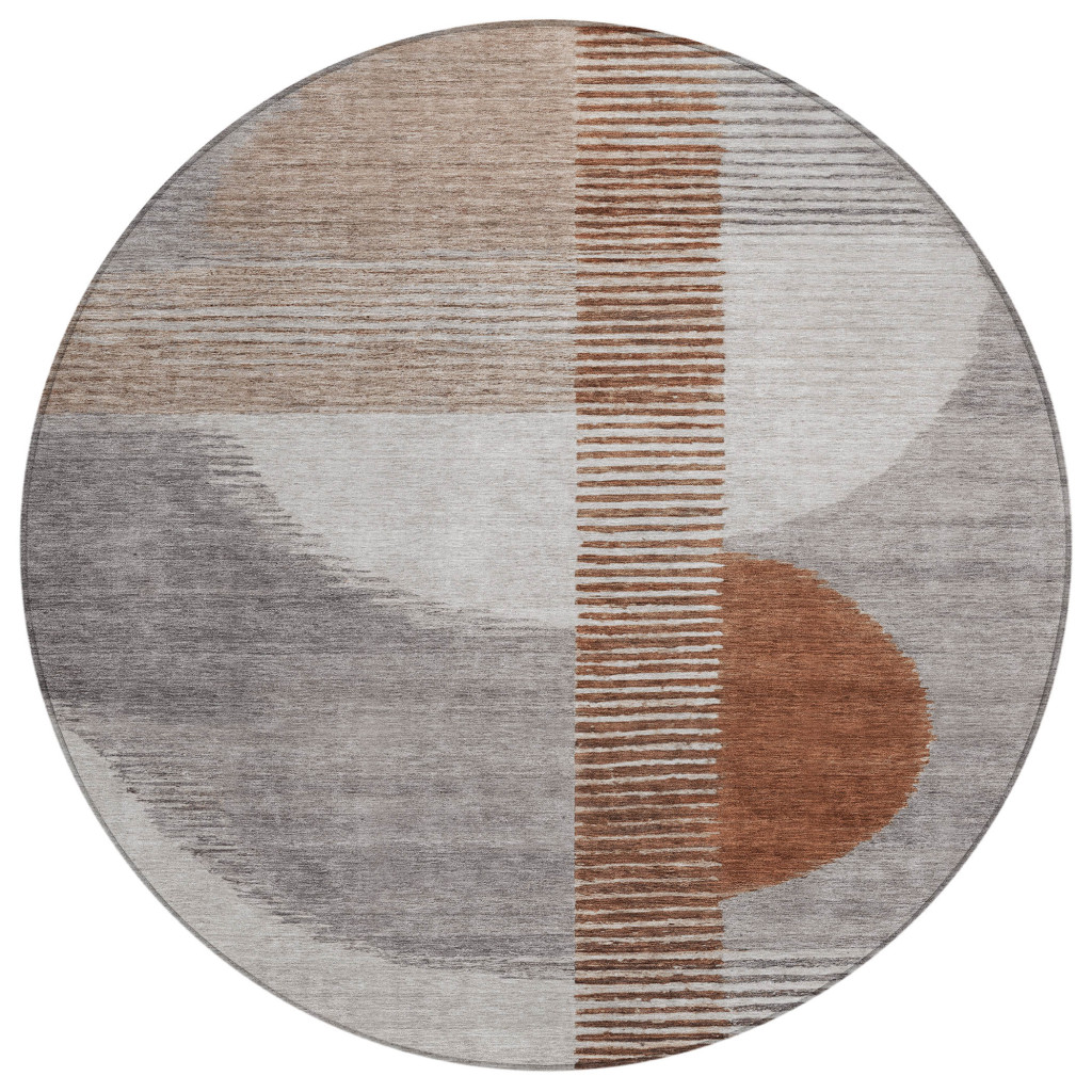 628664 8 ft. Taupe & Rust Geometric Washable Transitional Indoor & Outdoor Round Area Rug