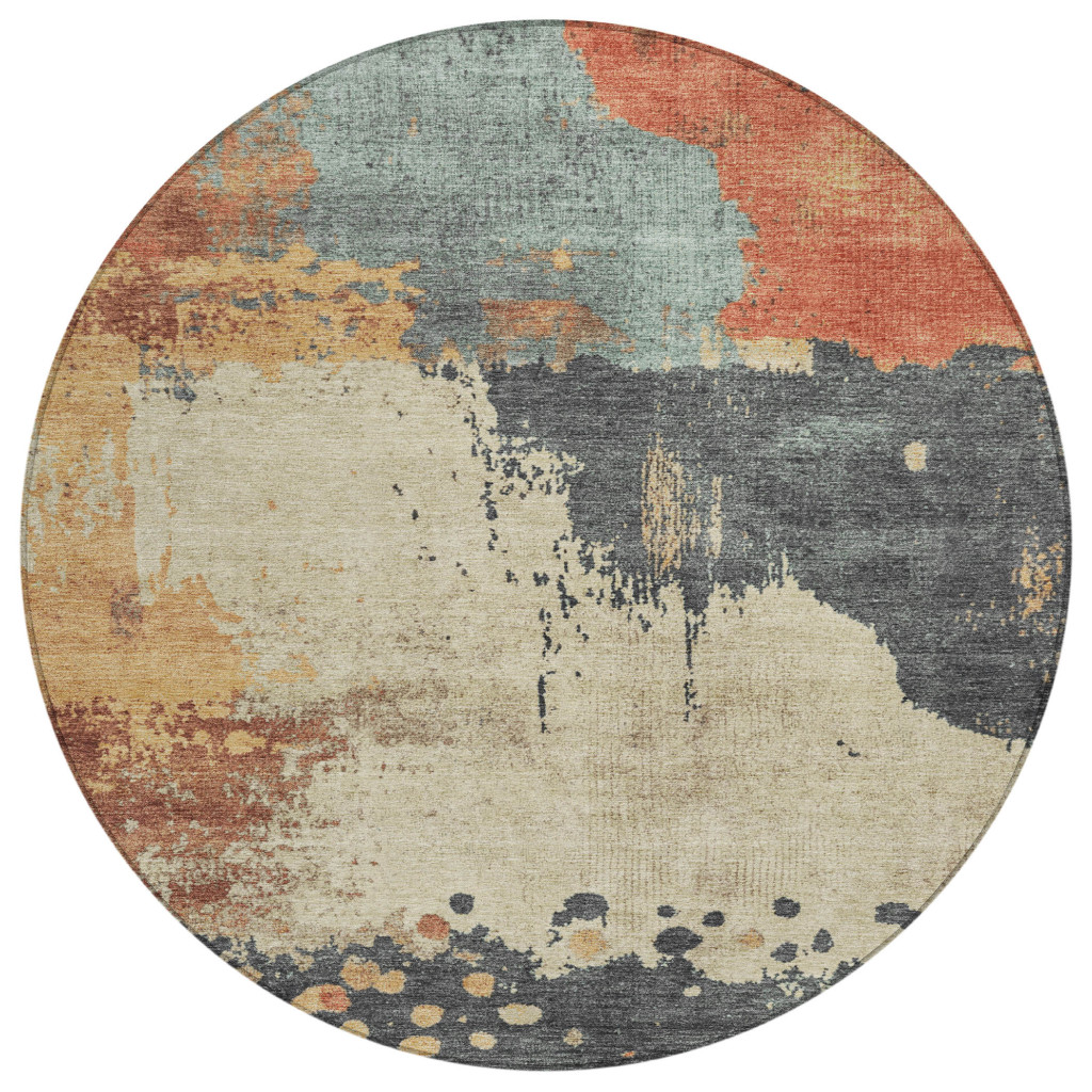 628460 8 ft. Rust Beige & Charcoal Abstract Washable Transitional Indoor & Outdoor Round Area Rug