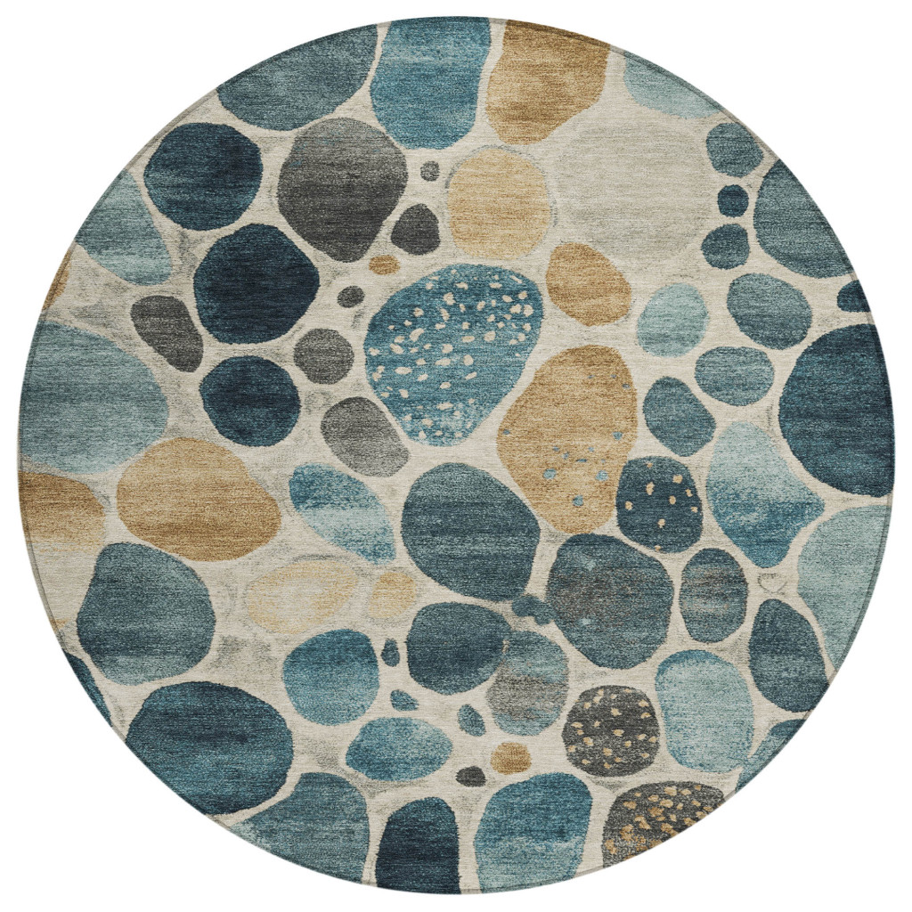 628442 8 ft. Teal, Blue & Beige - Ivory Geometric Washable Transitional Indoor & Outdoor Round Area Rug