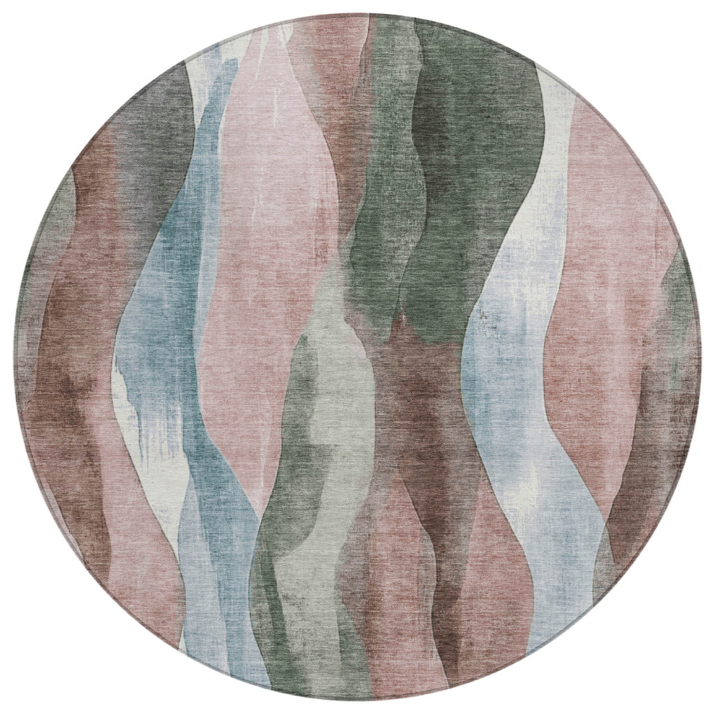 628346 8 ft. Salmon & Denim Blue Abstract Washable Transitional Indoor & Outdoor Round Area Rug