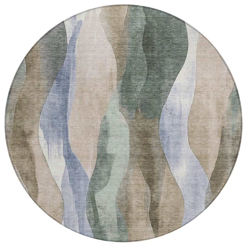 628328 8 ft. Beige & Denim Blue Abstract Washable Transitional Indoor & Outdoor Round Area Rug