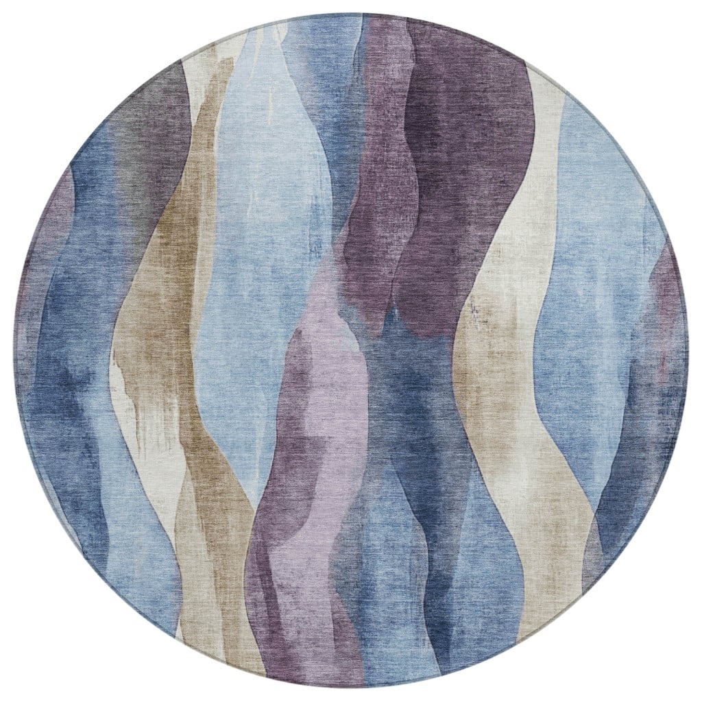 628334 8 ft. Denim Blue & Purple Abstract Washable Transitional Indoor & Outdoor Round Area Rug