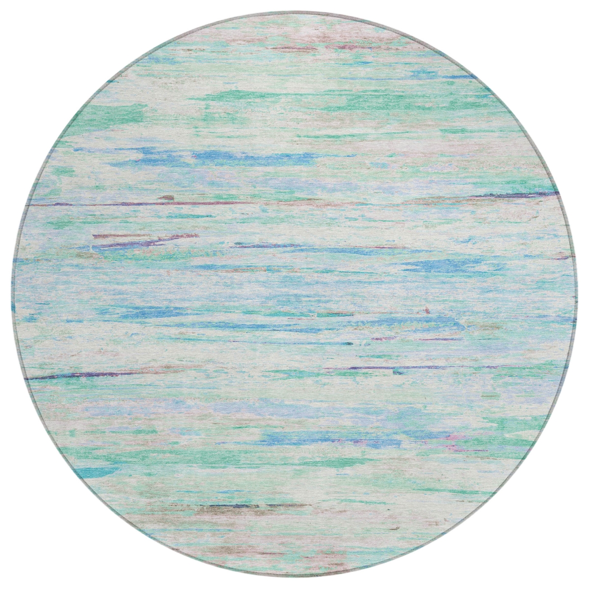 628220 8 ft. Teal, Blue & Ivory Abstract Washable Transitional Indoor & Outdoor Round Area Rug