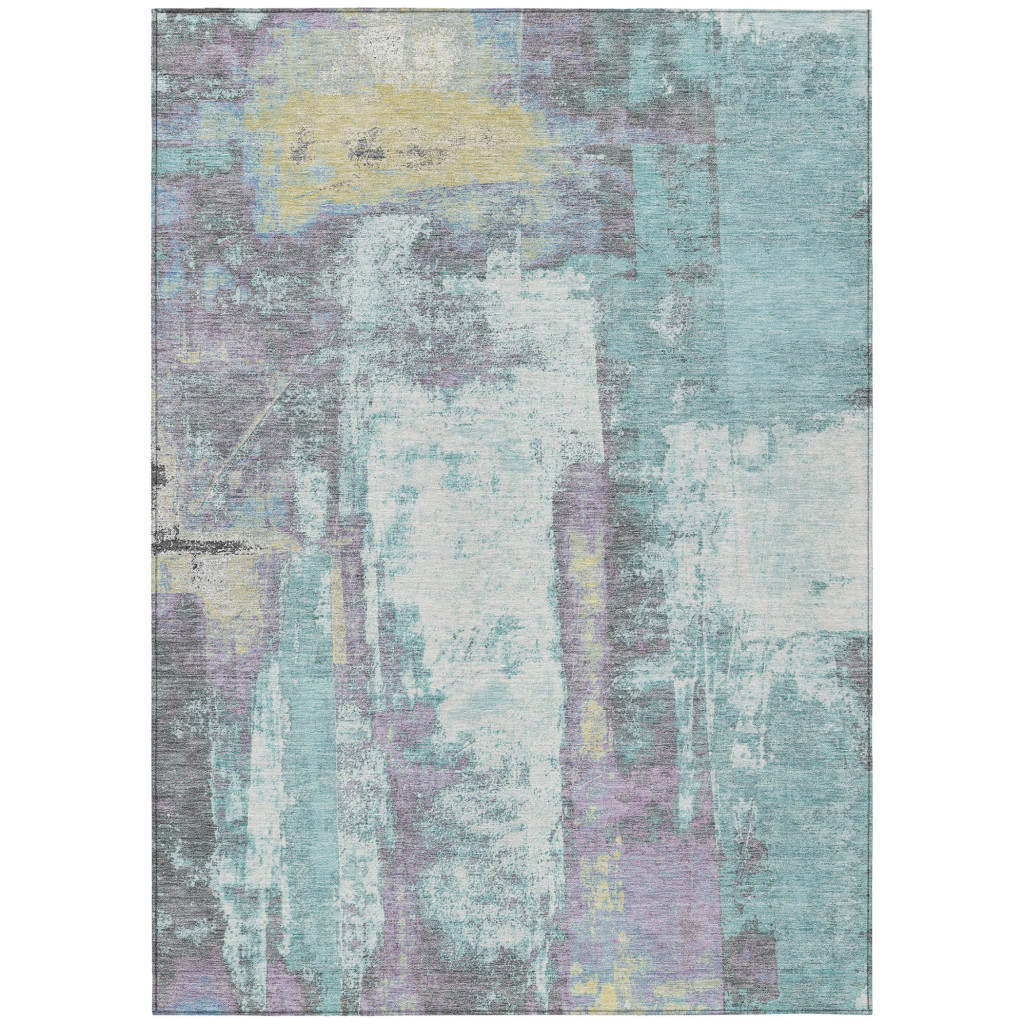 628183 5 x 8 ft. Teal, Blue & Ivory Abstract Washable Transitional Indoor & Outdoor Rectangle Area Rug