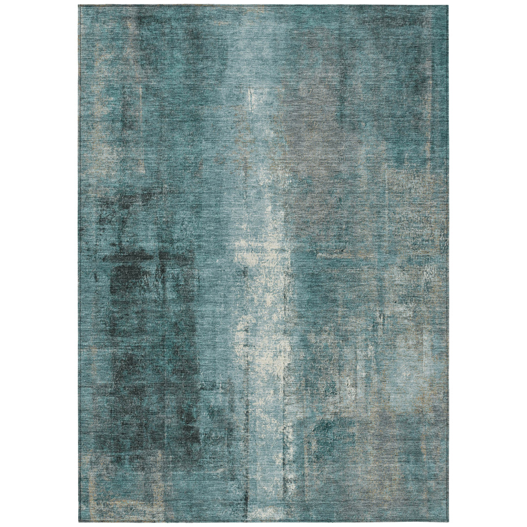 628001 3 x 5 ft. Teal, Blue & Ivory Abstract Washable Transitional Indoor & Outdoor Rectangle Area Rug