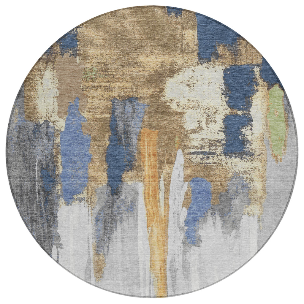 627955 8 ft. Navy Blue & Gold Abstract Washable Transitional Indoor & Outdoor Round Area Rug