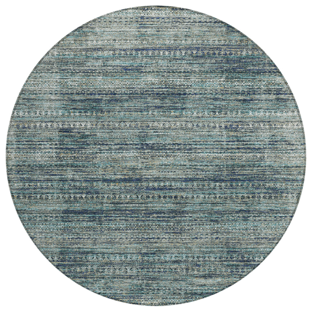 627787 8 ft. Teal, Blue & Ivory Striped Washable Transitional Indoor & Outdoor Round Area Rug