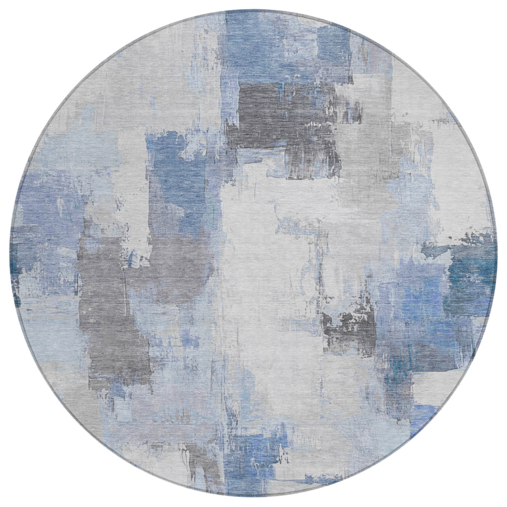 627631 8 ft. Denim Blue & Ivory Abstract Washable Transitional Indoor & Outdoor Round Area Rug