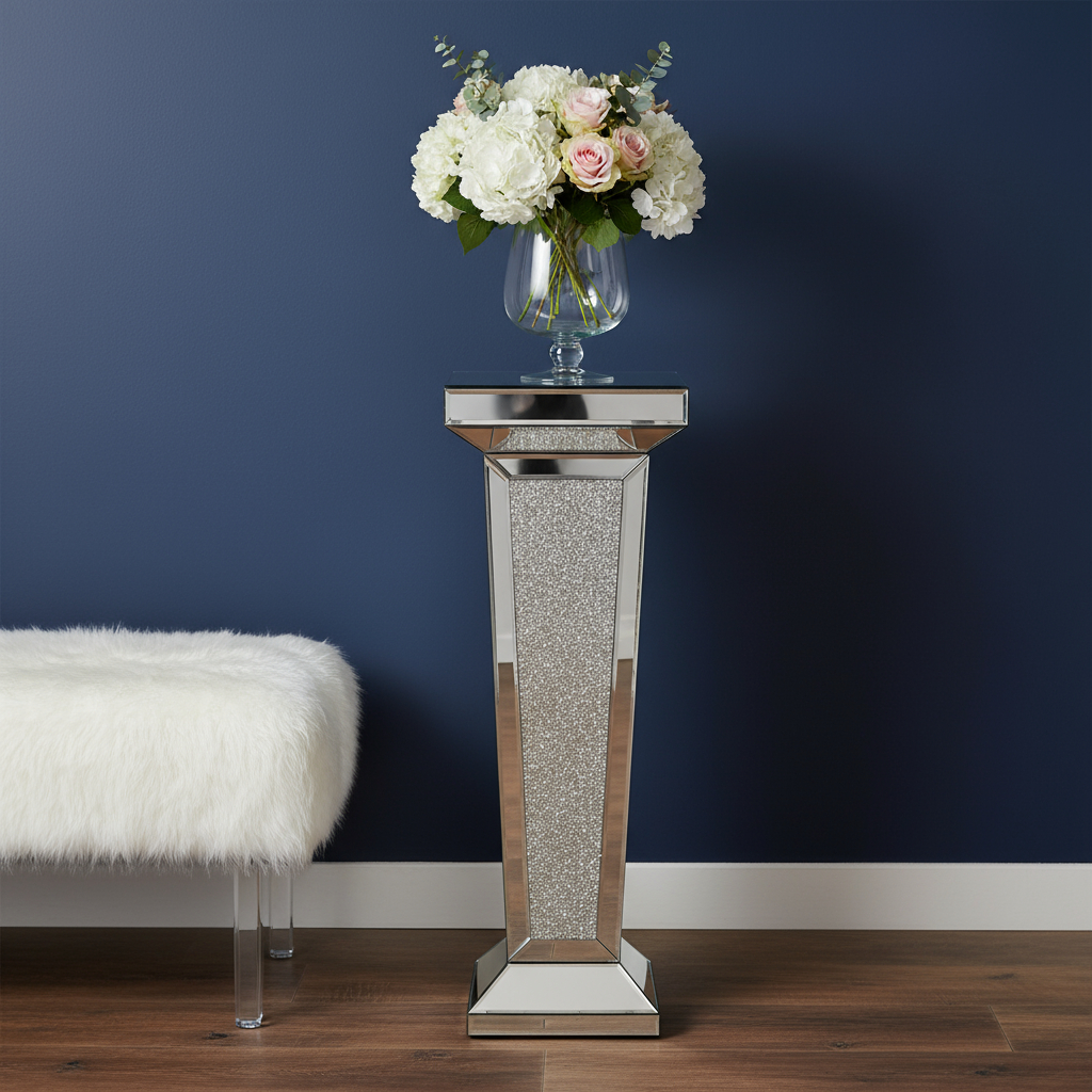 642844 35 in. Silver Mirrored Glass & Faux Crystals Pedestal Accent Table