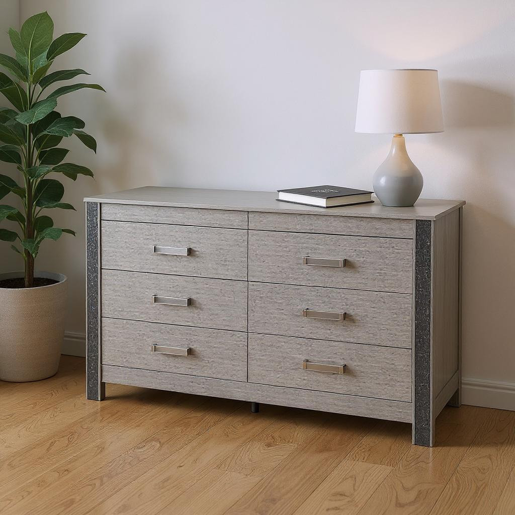 633706 37.01 x 62.01 x 15.75 in. Silver Wood 6 Drawers Double Dresser