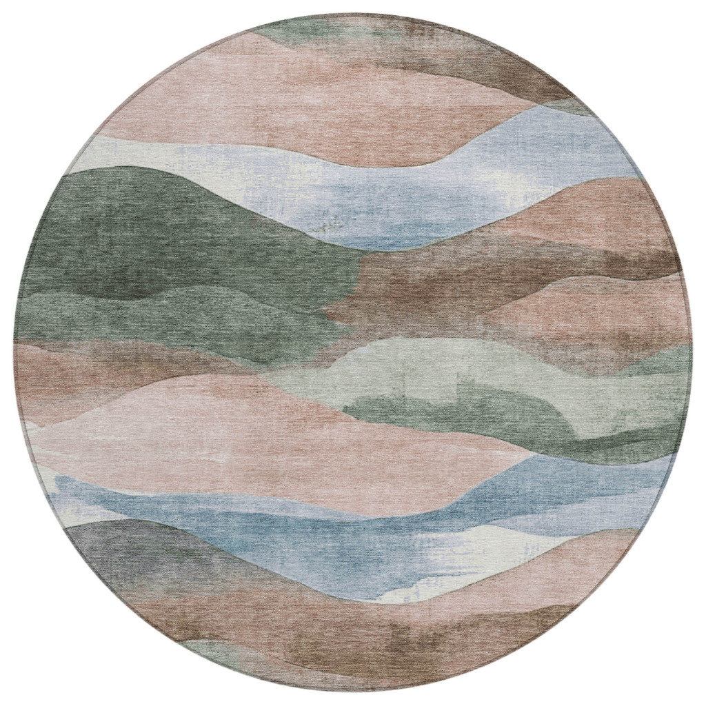 627619 8 ft. Salmon & Emerald Abstract Washable Transitional Indoor & Outdoor Round Area Rug
