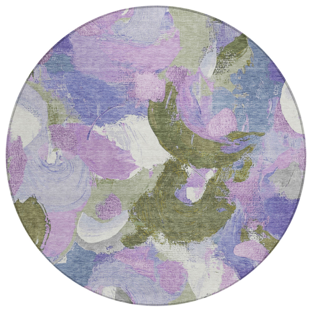 627571 8 ft. Lavender Ivory & Sage Abstract Washable Transitional Indoor & Outdoor Round Area Rug
