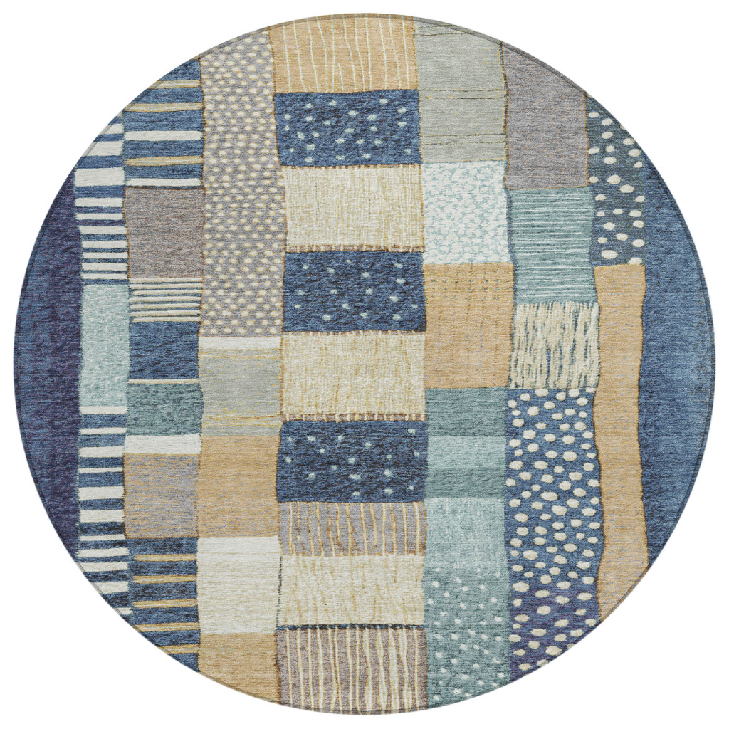 627286 8 ft. Navy Blue Beige & Ivory Geometric Washable Transitional Indoor & Outdoor Round Area Rug