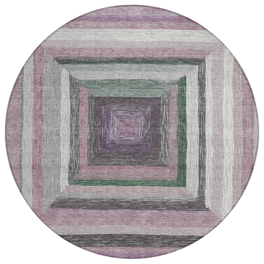 627142 8 ft. Blush Gray & Green Geometric Washable Transitional Indoor & Outdoor Round Area Rug