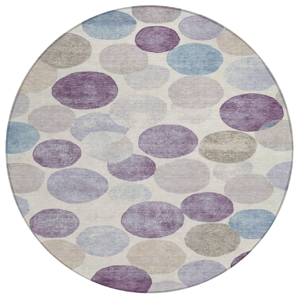 627040 8 ft. Plum Beige & Denim Blue Geometric Washable Transitional Indoor & Outdoor Round Area Rug