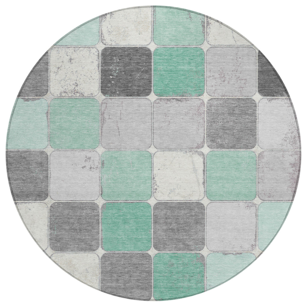 626944 8 ft. Mint Green & Gray Geometric Washable Transitional Indoor & Outdoor Round Area Rug