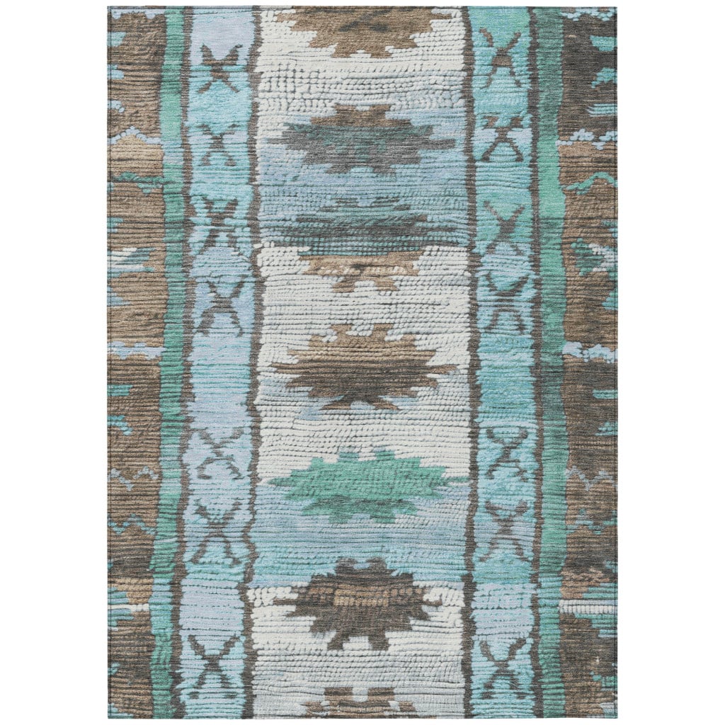626840 3 x 5 ft. Brown & Teal Blue Tribal Washable Transitional Indoor & Outdoor Rectangle Area Rug