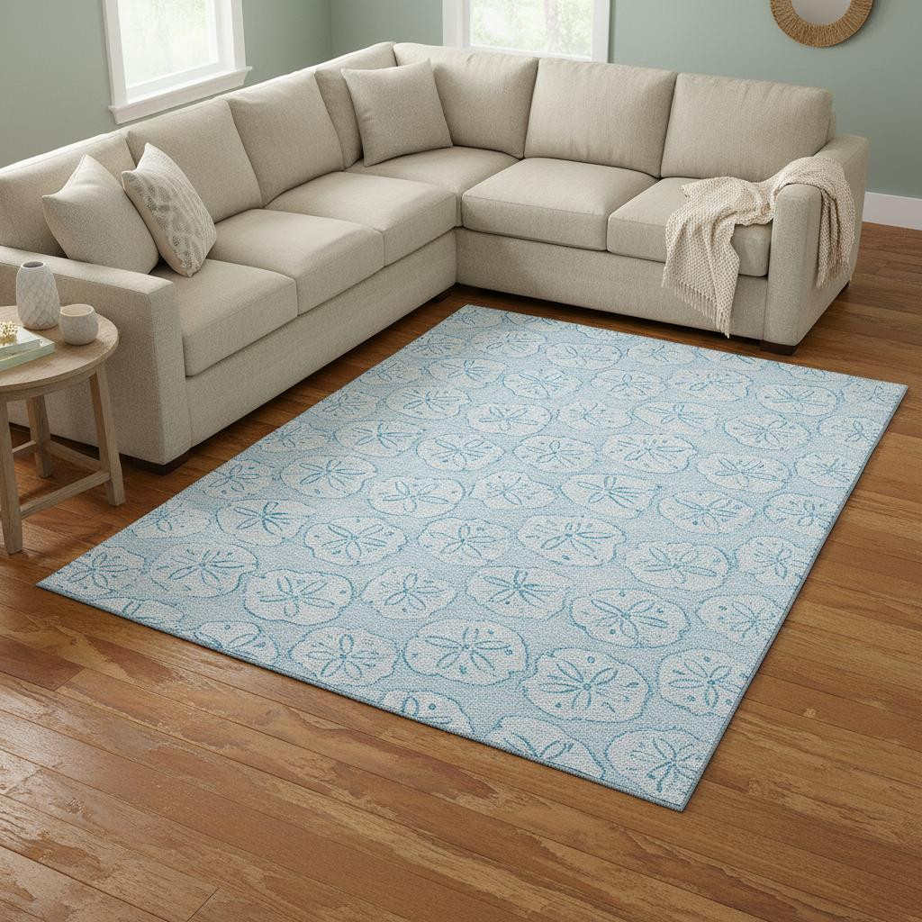 646096 9 x 12 ft. Blue & Ivory Geometric Coastal Washable Machine Made Rectangle Area Rug with UV Protection