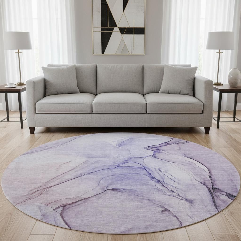 646647 8 ft. Purple & Ivory Abstract Transitional Washable Round Area Rug with UV Protection
